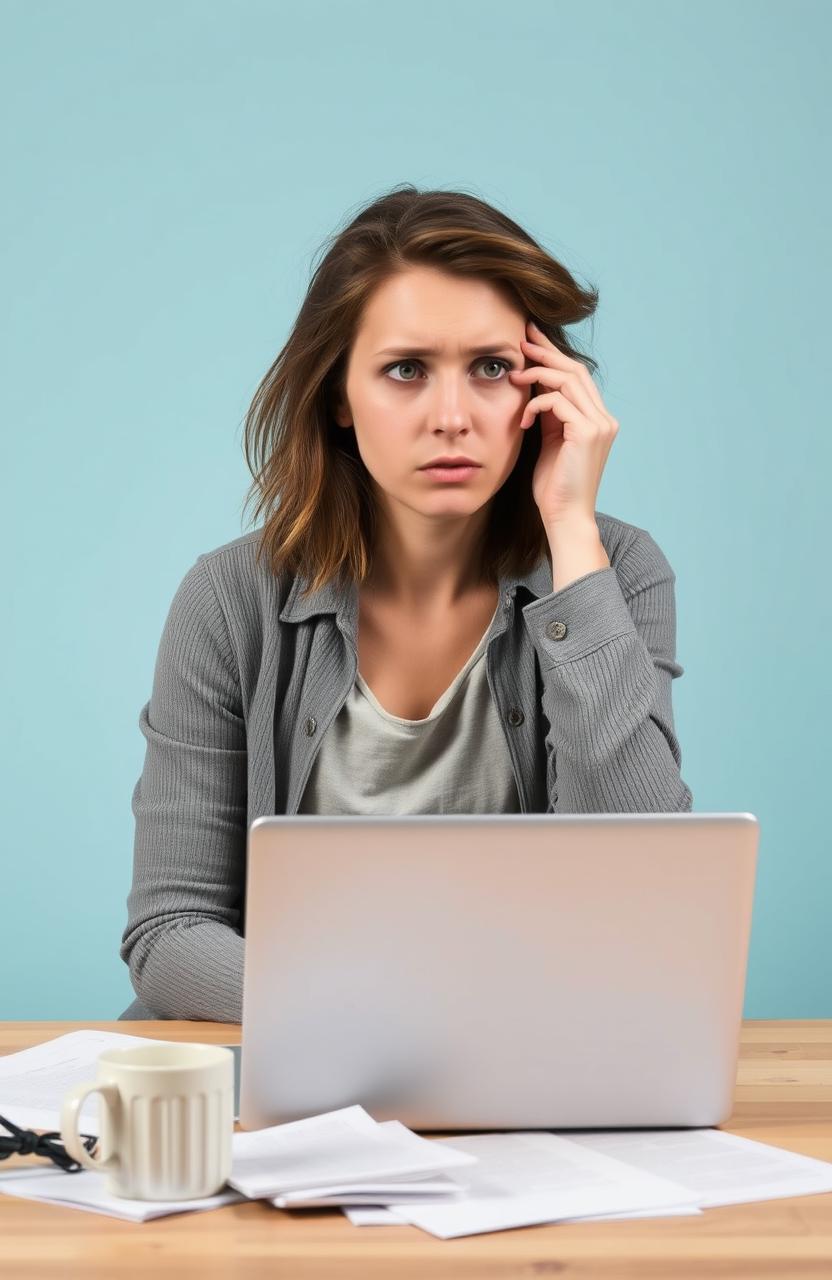 A stressed young woman sitting at a desk, her hair slightly messy and a thoughtful expression on her face