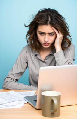 A stressed young woman sitting at a desk, her hair slightly messy and a thoughtful expression on her face
