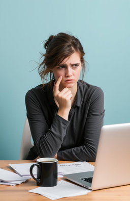 A stressed young woman sitting at a desk, her hair slightly messy and a thoughtful expression on her face