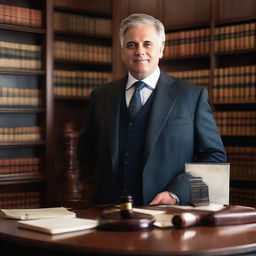 A professional lawyer in a well-tailored suit, standing in a polished law firm office, surrounded by law books and holding a gavel.