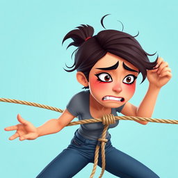 A dynamic animated scene featuring a stressed young woman tied with a rope, displaying a mix of anxiety and determination on her face