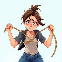 A dynamic animated scene featuring a stressed young woman tied with a rope, displaying a mix of anxiety and determination on her face