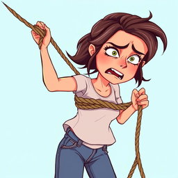 A dynamic animated scene featuring a stressed young woman tied with a rope, displaying a mix of anxiety and determination on her face