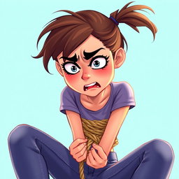 A dynamic animated scene featuring a stressed young woman tied with a rope, displaying a mix of anxiety and determination on her face