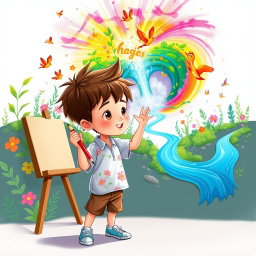 A young boy with short, spiky brown hair, wearing a casual white shirt with floral designs, is painting with a bright red pencil