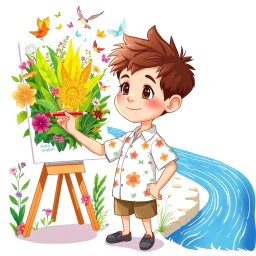 A young boy with short, spiky brown hair, wearing a casual white shirt with floral designs, is painting with a bright red pencil