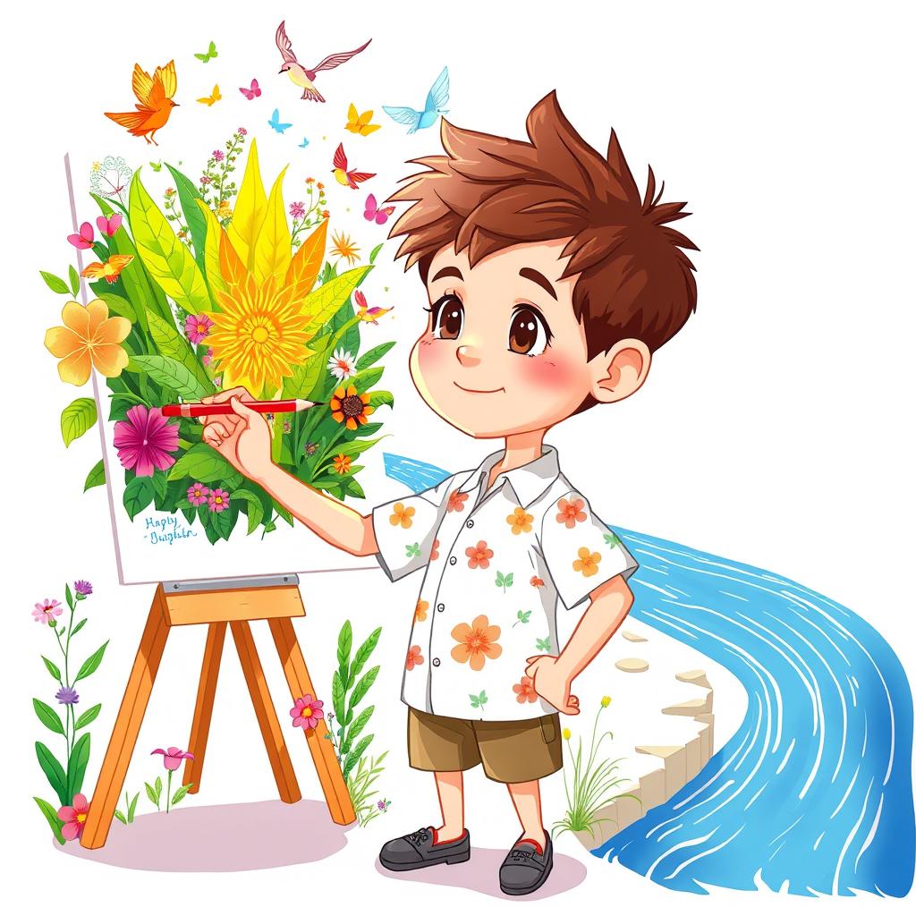A young boy with short, spiky brown hair, wearing a casual white shirt with floral designs, is painting with a bright red pencil