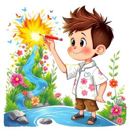 A young boy with short, spiky brown hair, wearing a casual white shirt with floral designs, is painting with a bright red pencil