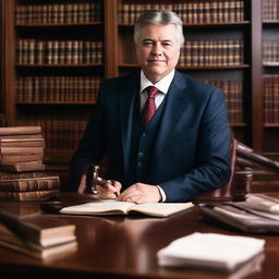 A professional lawyer in a well-tailored suit, standing in a polished law firm office, surrounded by law books and holding a gavel.