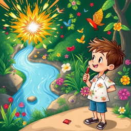 A young boy with short, spiky brown hair, wearing a casual white shirt with floral designs, is painting with a bright red pencil