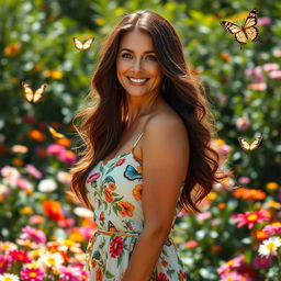 A stunning and confident mature woman with long flowing brunette hair, wearing a stylish summer dress that accentuates her curves