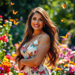 A stunning and confident mature woman with long flowing brunette hair, wearing a stylish summer dress that accentuates her curves