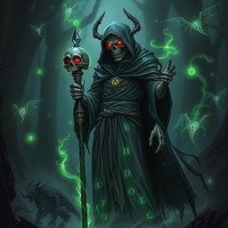 A powerful undead mage standing in a dark, enchanted forest, with glowing green runes swirling around him