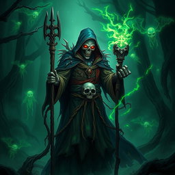 A powerful undead mage standing in a dark, enchanted forest, with glowing green runes swirling around him