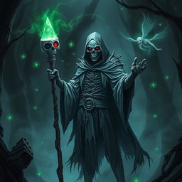 A powerful undead mage standing in a dark, enchanted forest, with glowing green runes swirling around him