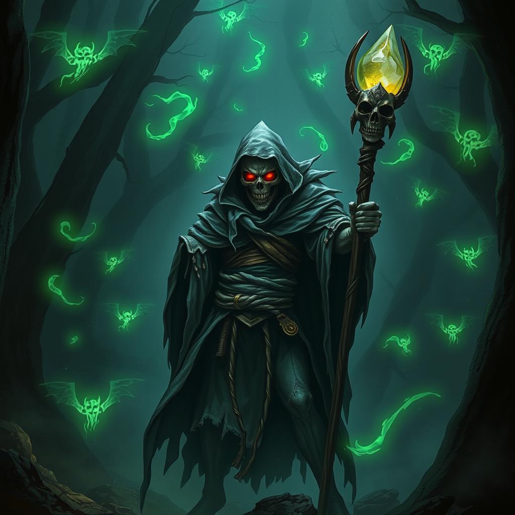 A powerful undead mage standing in a dark, enchanted forest, with glowing green runes swirling around him