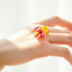 A delicate close-up of a hand adorned with a small, vibrant flower instead of a bow on the finger