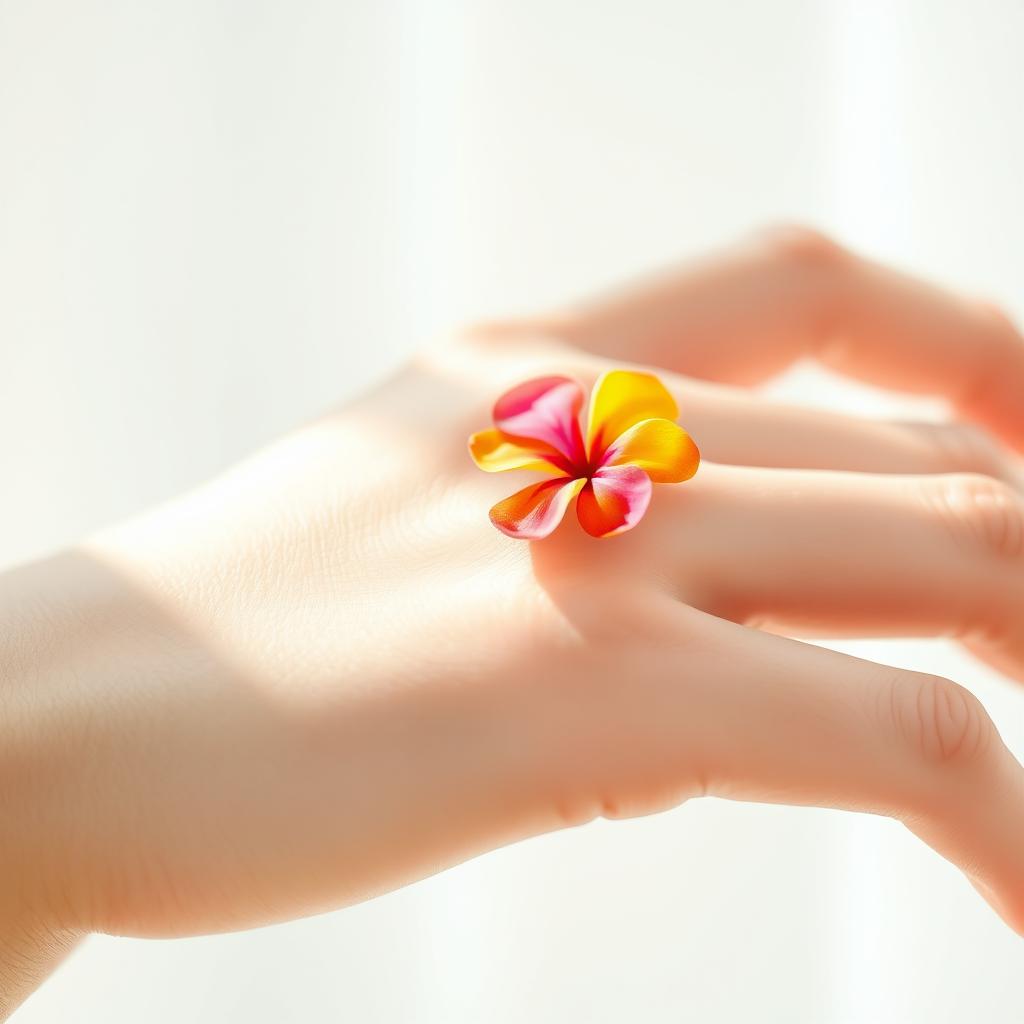 A delicate close-up of a hand adorned with a small, vibrant flower instead of a bow on the finger