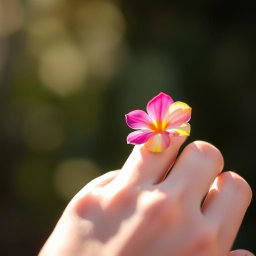 A delicate close-up of a hand adorned with a small, vibrant flower instead of a bow on the finger