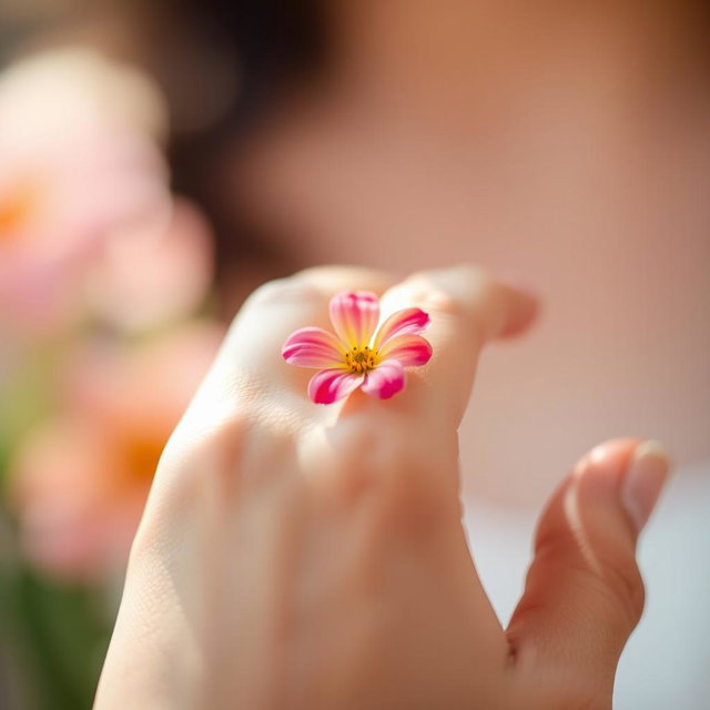 A delicate close-up of a hand adorned with a small, vibrant flower instead of a bow on the finger
