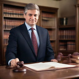 A professional lawyer in a well-tailored suit, standing in a polished law firm office, surrounded by law books and holding a gavel.