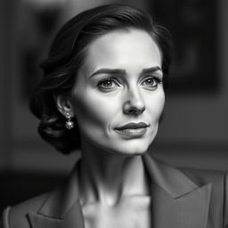 A black and white portrait of an elegant figure, exuding sophistication and charm