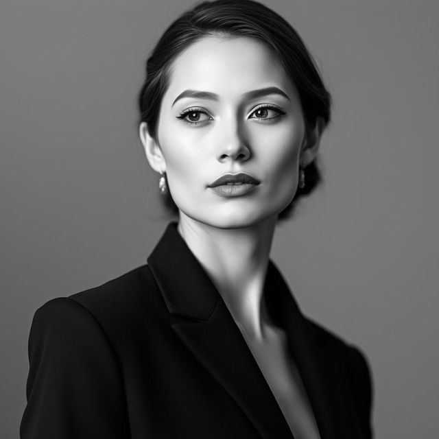 A black and white portrait of an elegant figure, exuding sophistication and charm