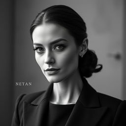 A black and white portrait of an elegant figure, exuding sophistication and charm