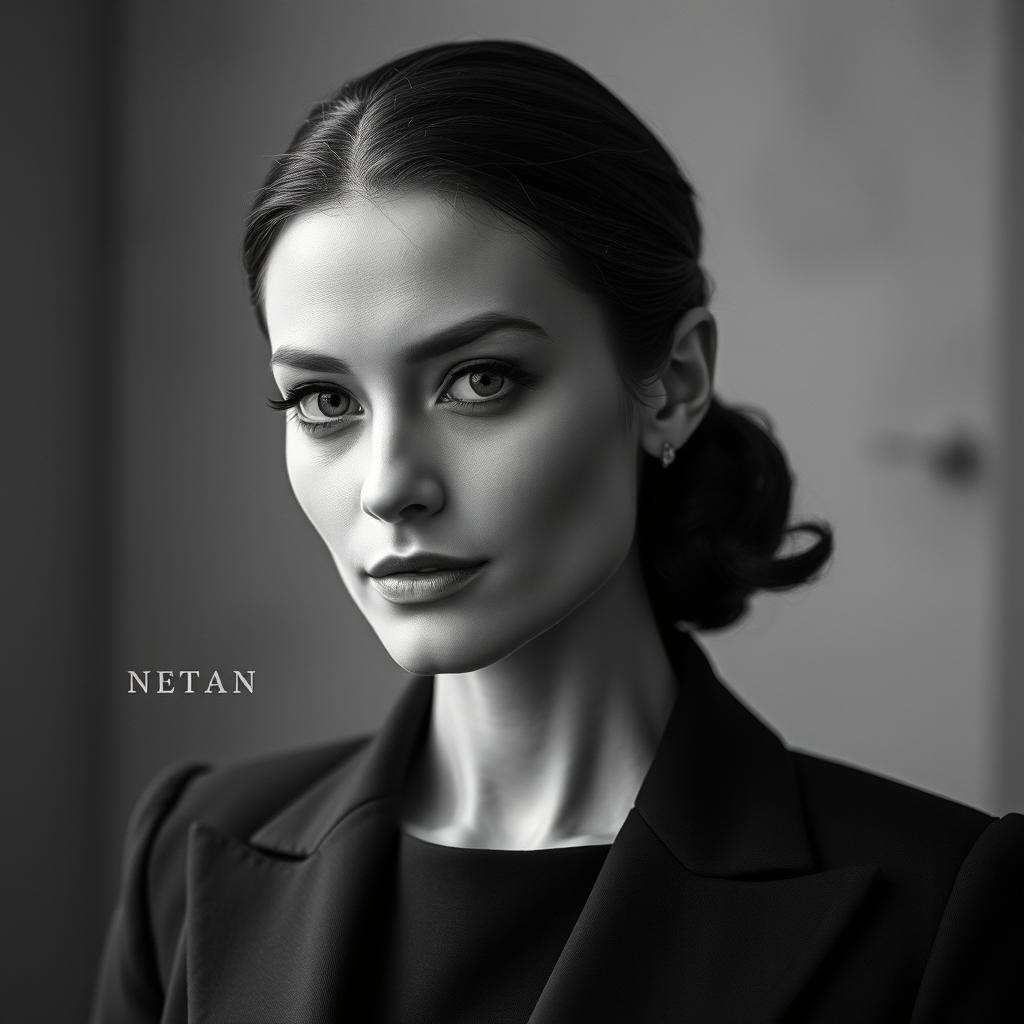 A black and white portrait of an elegant figure, exuding sophistication and charm