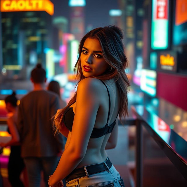 A sensual scene featuring a fashionable young woman with a stylish, confident demeanor
