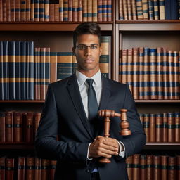 A confident lawyer, wearing a crisp suit, standing in a sophisticated law firm with shelves filled with law books and a wooden gavel in hand.