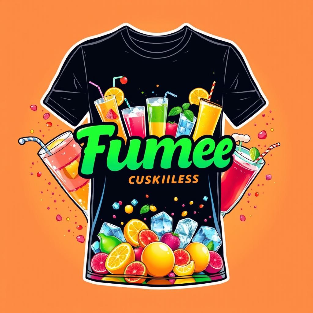 A vibrant and eye-catching t-shirt design for a beverage business, featuring a colorful graphic of refreshing drinks such as cocktails, smoothies, and sodas, surrounded by playful splashes of fruit and ice