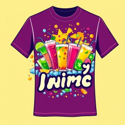 A vibrant and eye-catching t-shirt design for a beverage business, featuring a colorful graphic of refreshing drinks such as cocktails, smoothies, and sodas, surrounded by playful splashes of fruit and ice