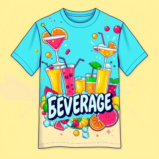 A vibrant and eye-catching t-shirt design for a beverage business, featuring a colorful graphic of refreshing drinks such as cocktails, smoothies, and sodas, surrounded by playful splashes of fruit and ice