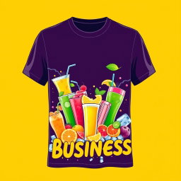 A vibrant and eye-catching t-shirt design for a beverage business, featuring a colorful graphic of refreshing drinks such as cocktails, smoothies, and sodas, surrounded by playful splashes of fruit and ice