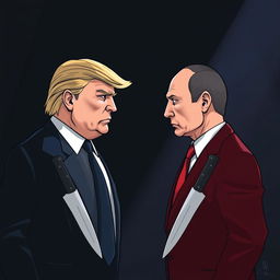 A dramatic and tense illustration of Donald Trump and Vladimir Putin standing face-to-face, both with intense expressions, conveying a sense of rivalry