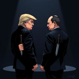 A dramatic and tense illustration of Donald Trump and Vladimir Putin standing face-to-face, both with intense expressions, conveying a sense of rivalry