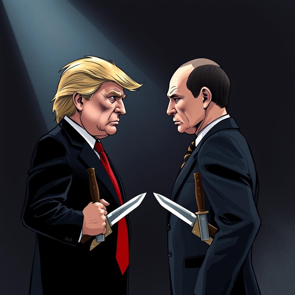 A dramatic and tense illustration of Donald Trump and Vladimir Putin standing face-to-face, both with intense expressions, conveying a sense of rivalry