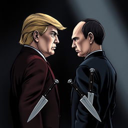 A dramatic and tense illustration of Donald Trump and Vladimir Putin standing face-to-face, both with intense expressions, conveying a sense of rivalry