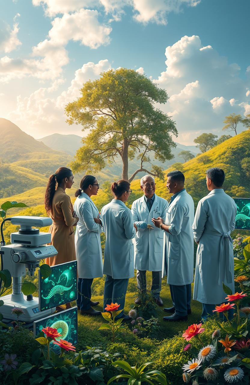 A visually stunning representation of the intersection of medicine and humanization, showcasing a diverse group of scientists and medical professionals engaged in collaborative discussions