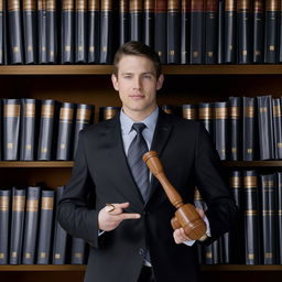 A confident lawyer, wearing a crisp suit, standing in a sophisticated law firm with shelves filled with law books and a wooden gavel in hand.