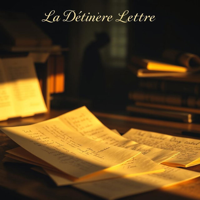 A book cover design for 'La Dernière Lettre', featuring a desk bathed in golden light, enhancing the intimate and nostalgic atmosphere