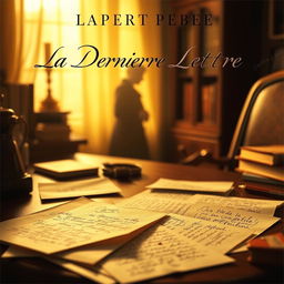 A book cover design for 'La Dernière Lettre', featuring a desk bathed in golden light, enhancing the intimate and nostalgic atmosphere
