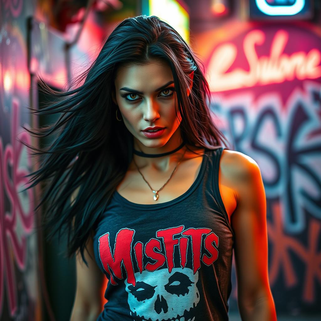 A fierce and fiery raven-haired woman wearing a Misfits tank top