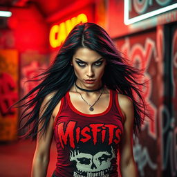 A fierce and fiery raven-haired woman wearing a Misfits tank top