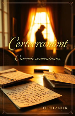 A beautifully designed book cover featuring a desk bathed in warm golden light, adorned with handwritten letters in the foreground that symbolize the theme of correspondence