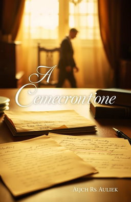 A beautifully designed book cover featuring a desk bathed in warm golden light, adorned with handwritten letters in the foreground that symbolize the theme of correspondence