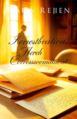 A beautifully designed book cover featuring a desk bathed in warm golden light, adorned with handwritten letters in the foreground that symbolize the theme of correspondence