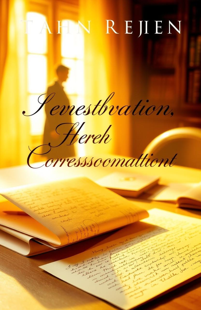 A beautifully designed book cover featuring a desk bathed in warm golden light, adorned with handwritten letters in the foreground that symbolize the theme of correspondence