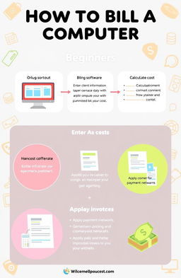 A simplified, colorful infographic demonstrating how to bill a computer for beginners
